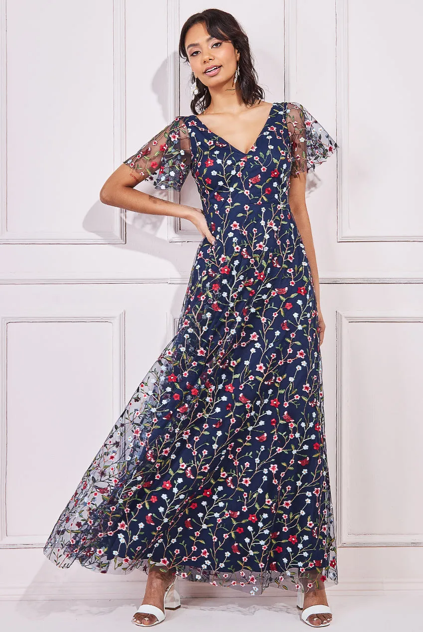 Goddiva Flutter Sleeve Embroidered Maxi Dress