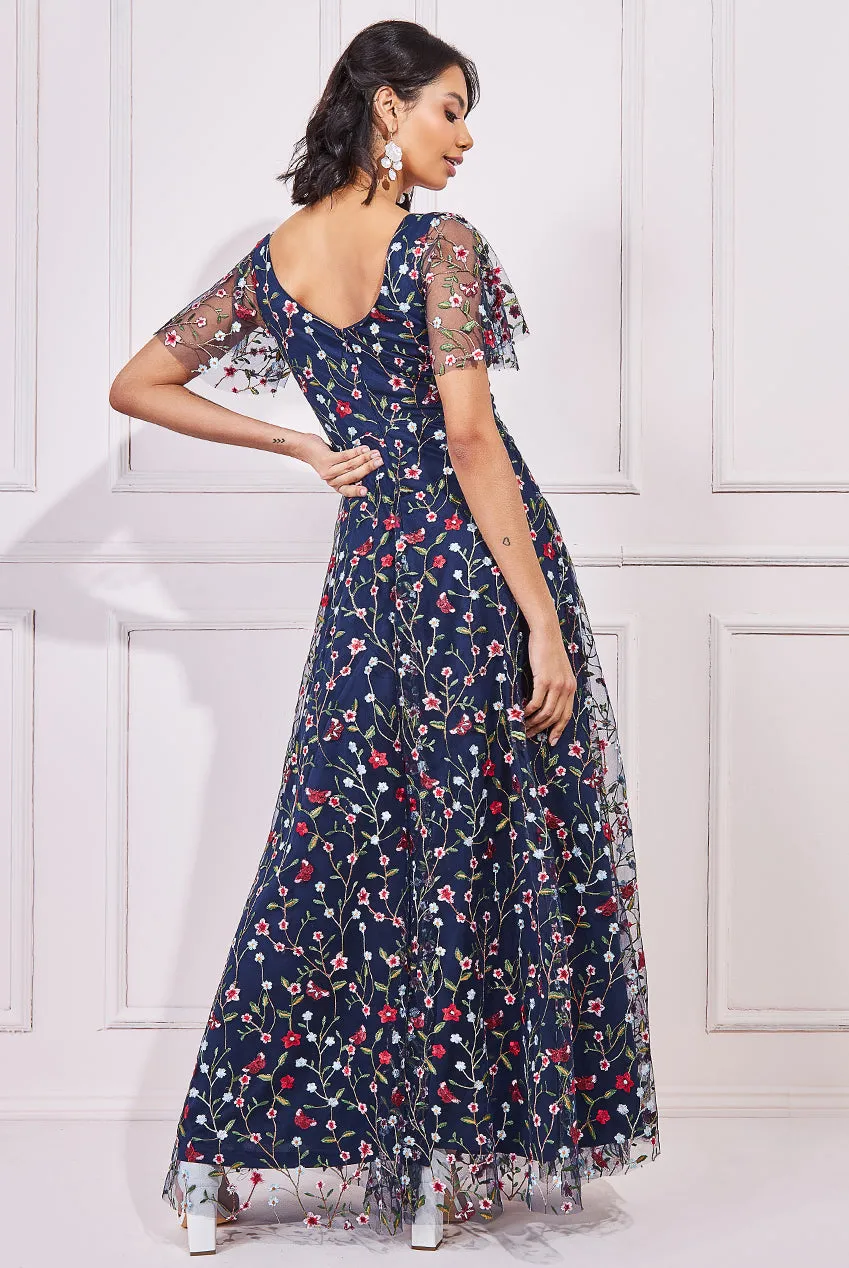 Goddiva Flutter Sleeve Embroidered Maxi Dress