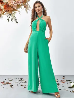 Halter Neck Cut Out Chiffon Wide Leg Jumpsuit