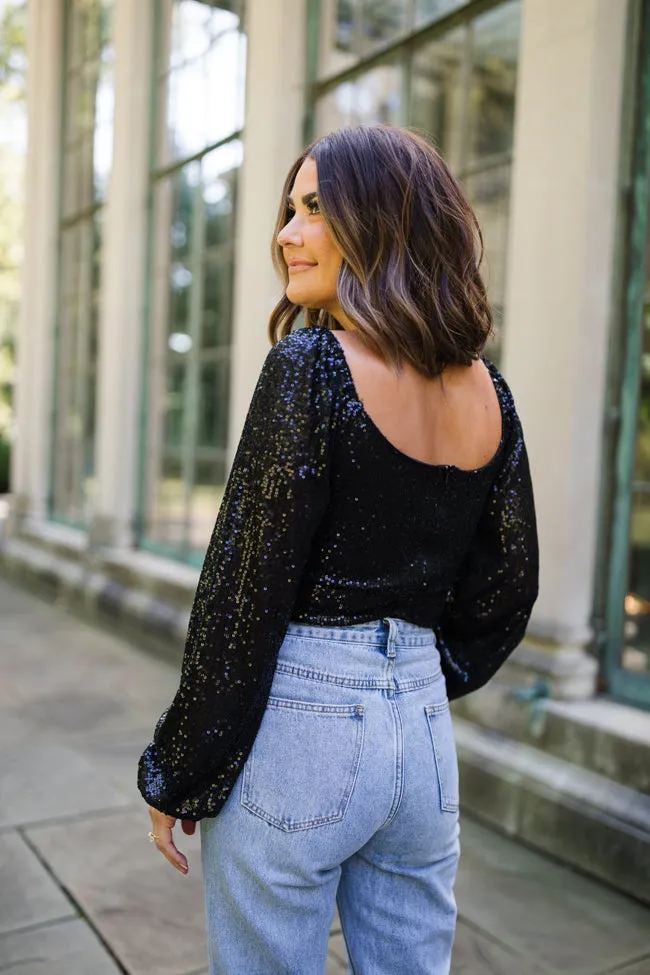 Holiday Toast Black Puff Sleeve Sequin Bodysuit