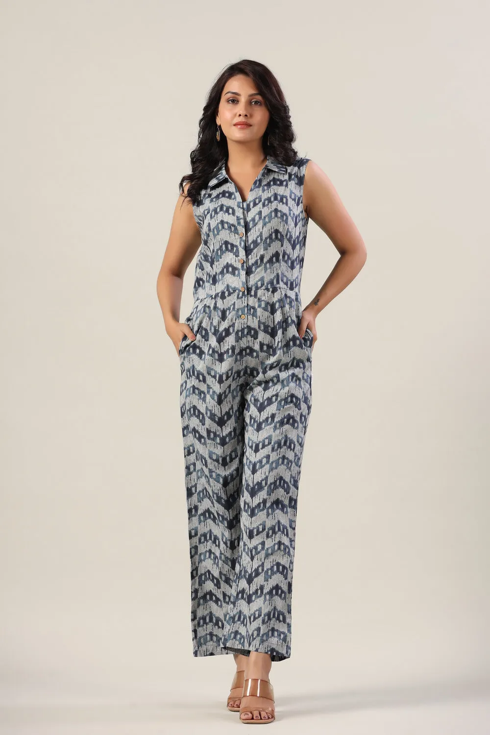 Indigo Shibori Print on Cotton Jumpsuit