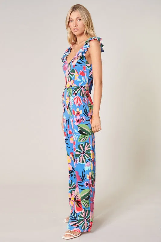 Inez Tropics Ruffle Sleeve Jumpsuit