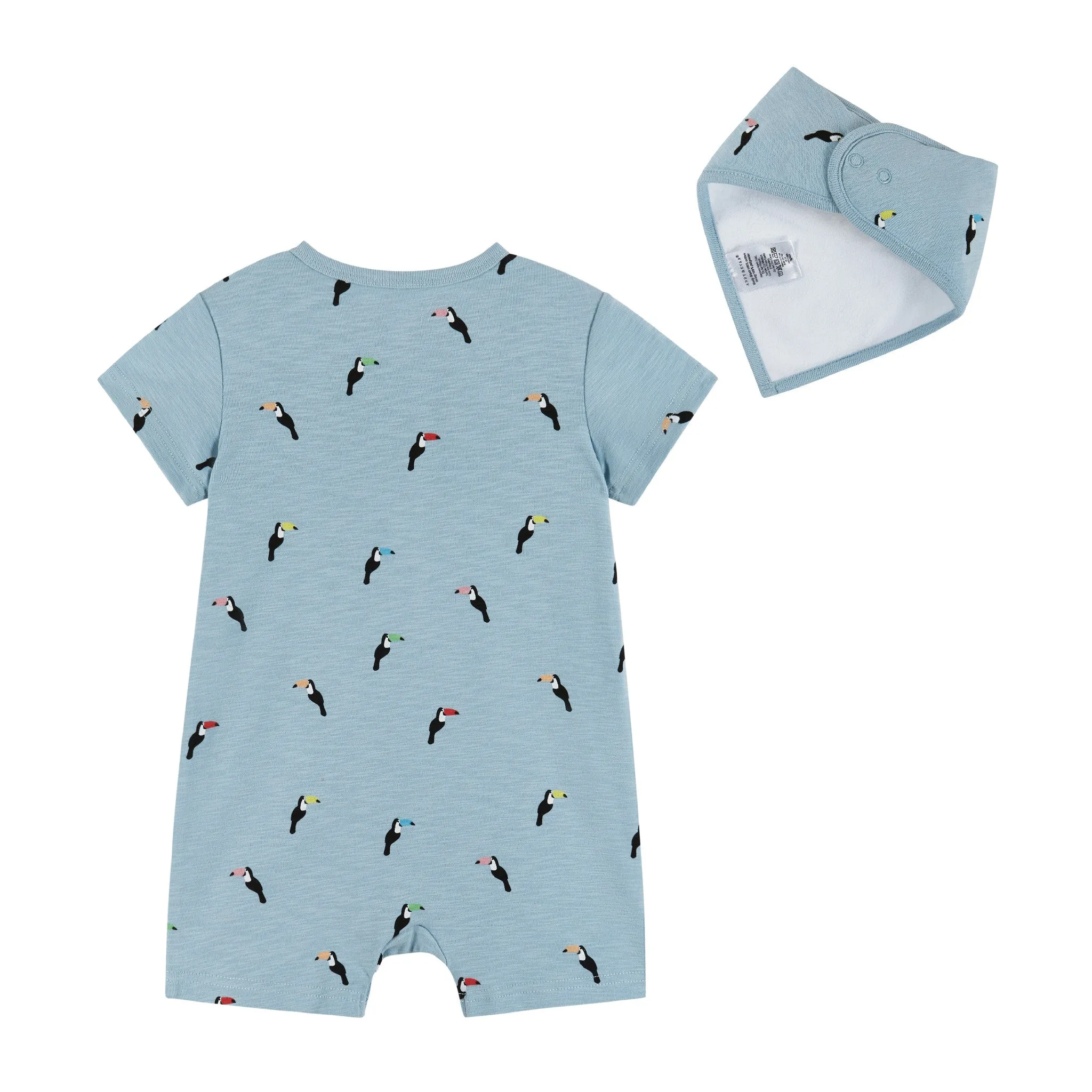 Infant Knit Short Sleeve Romper with Bib | Blue Toucan Print