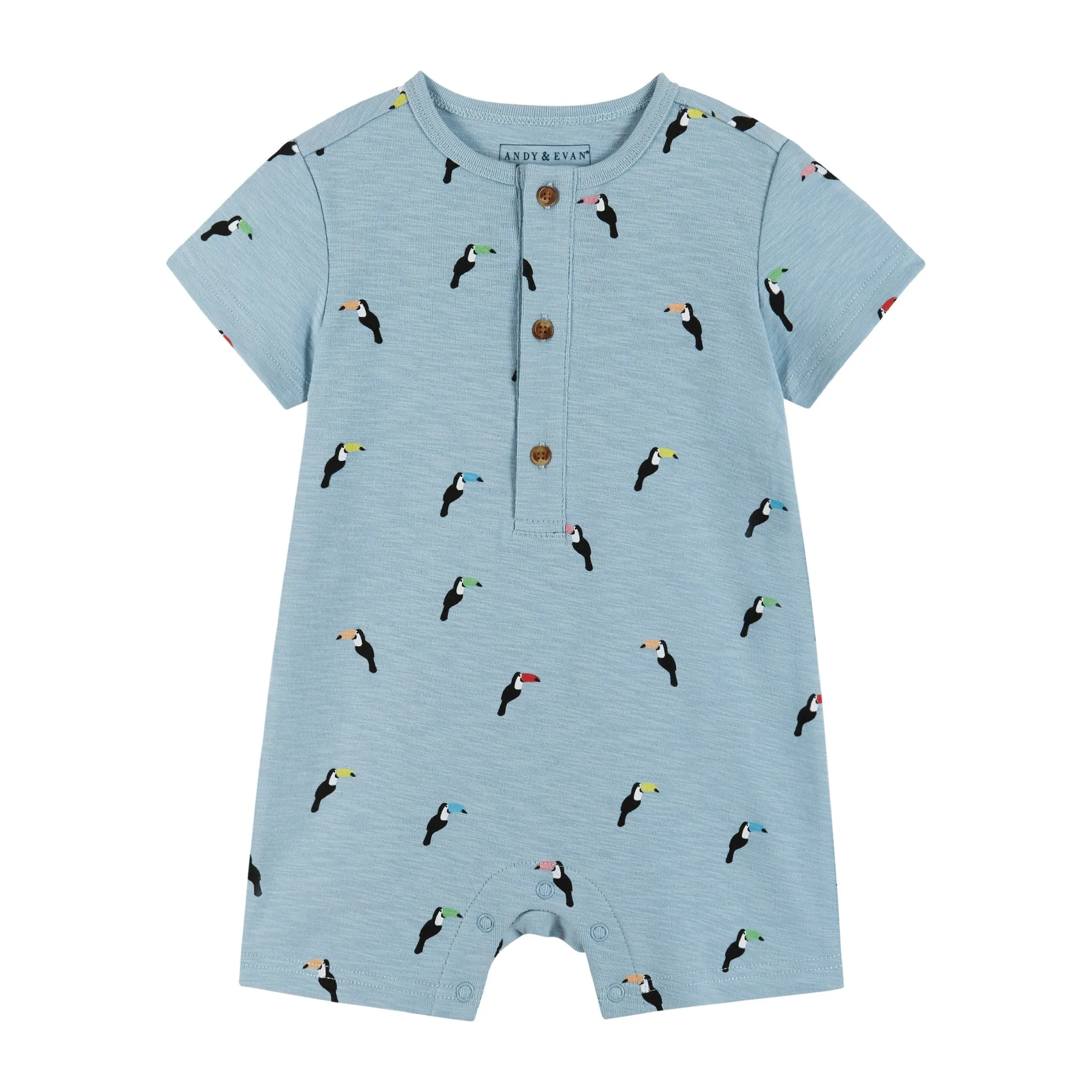 Infant Knit Short Sleeve Romper with Bib | Blue Toucan Print