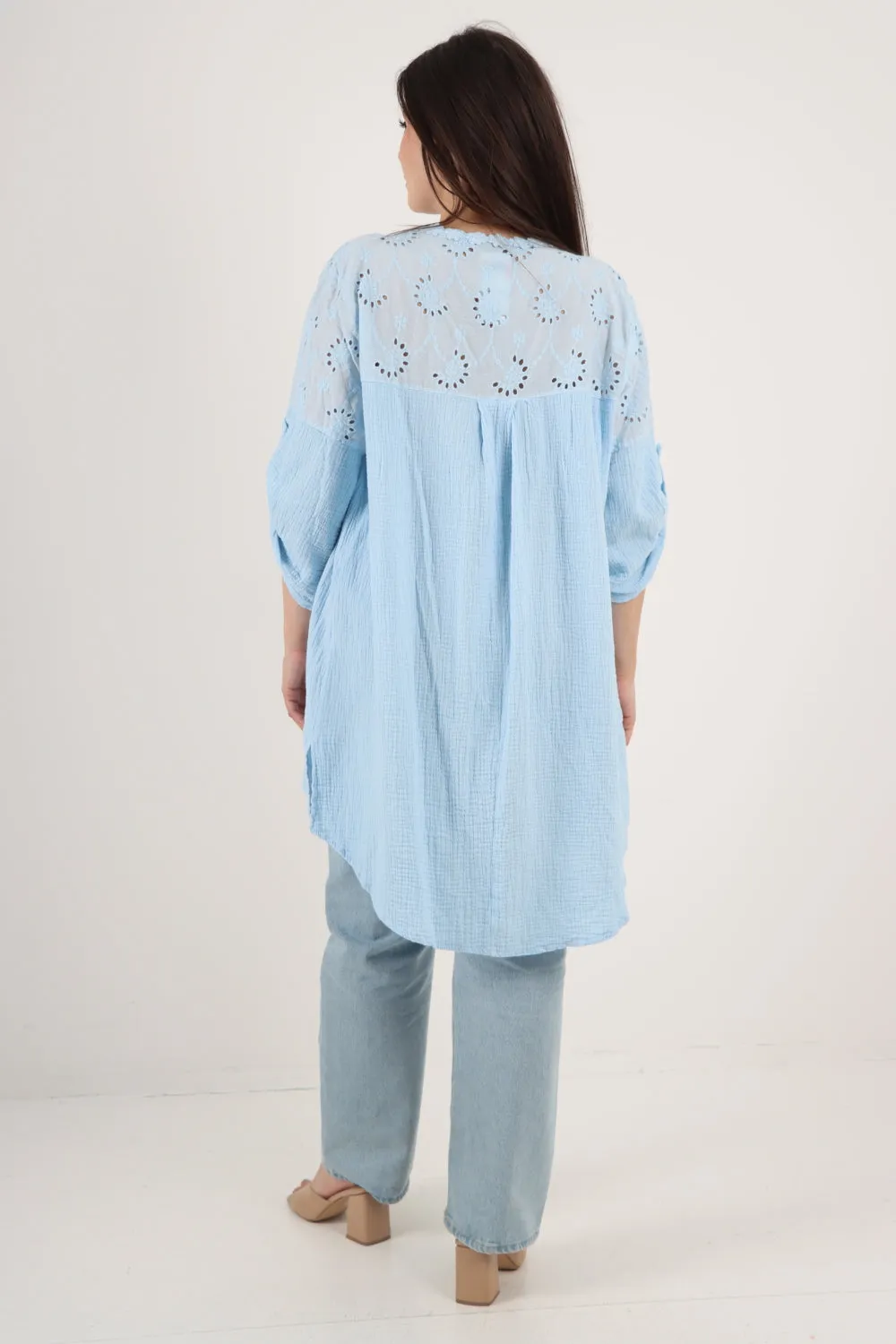 Italian Crochet Lace Neck Detail Button Up Dip Hem Tunic Top