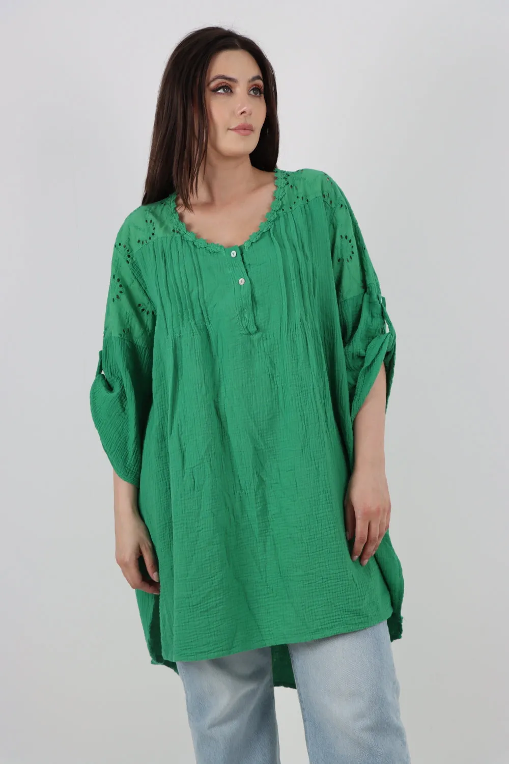 Italian Crochet Lace Neck Detail Button Up Dip Hem Tunic Top