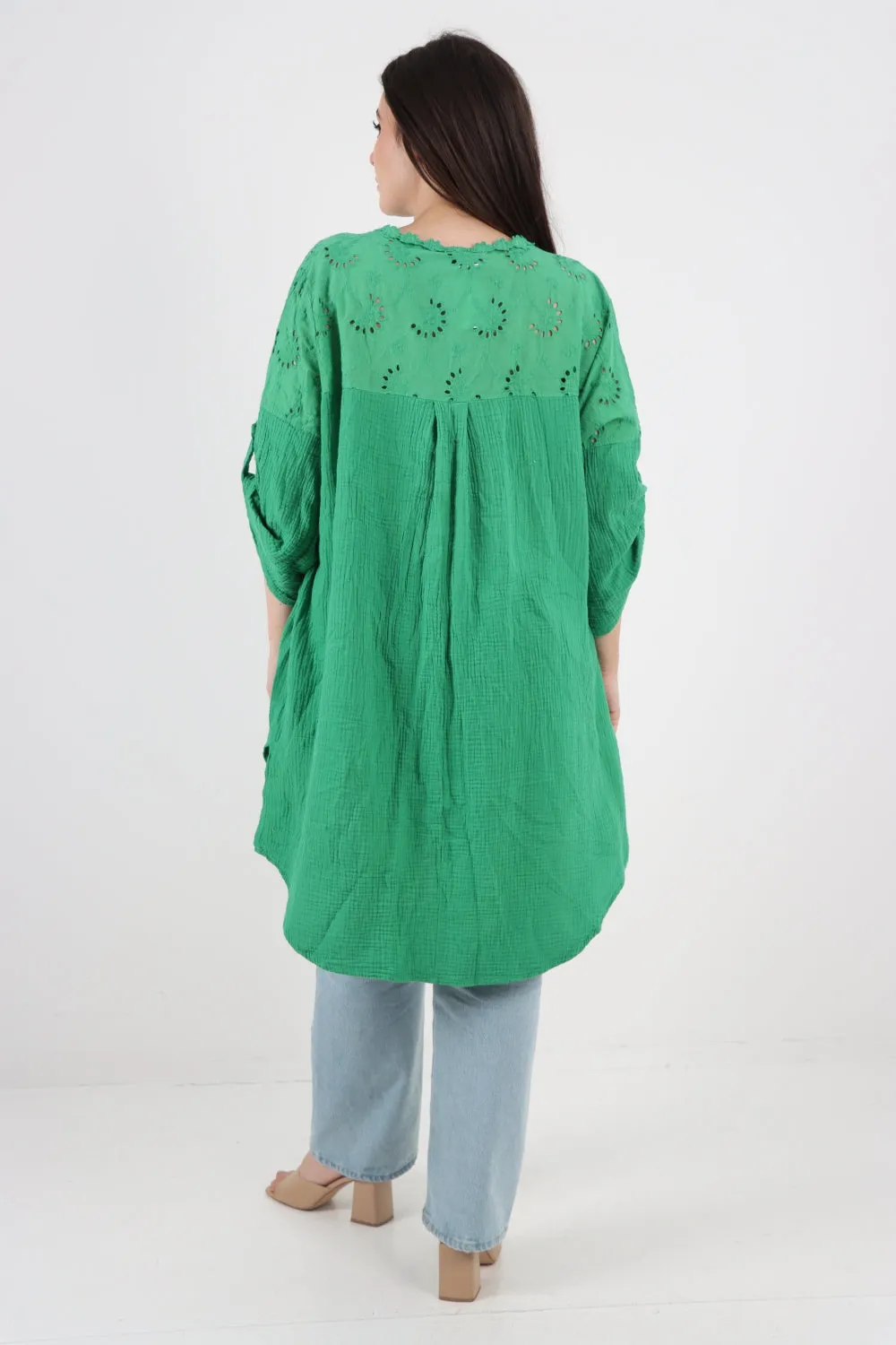 Italian Crochet Lace Neck Detail Button Up Dip Hem Tunic Top