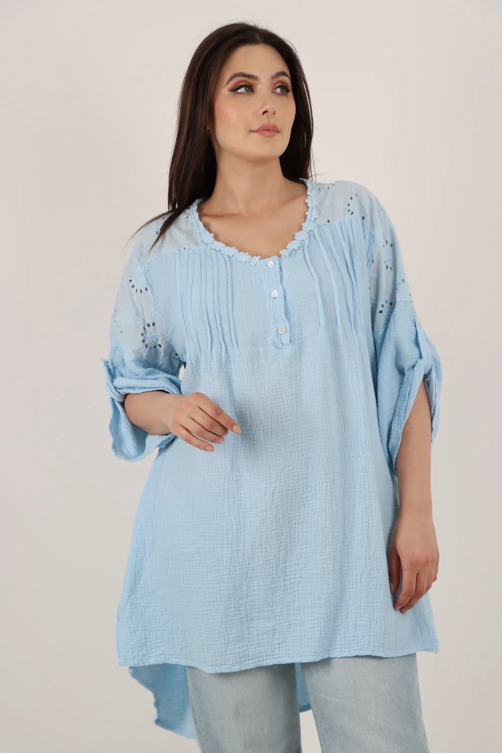 Italian Crochet Lace Neck Detail Button Up Dip Hem Tunic Top