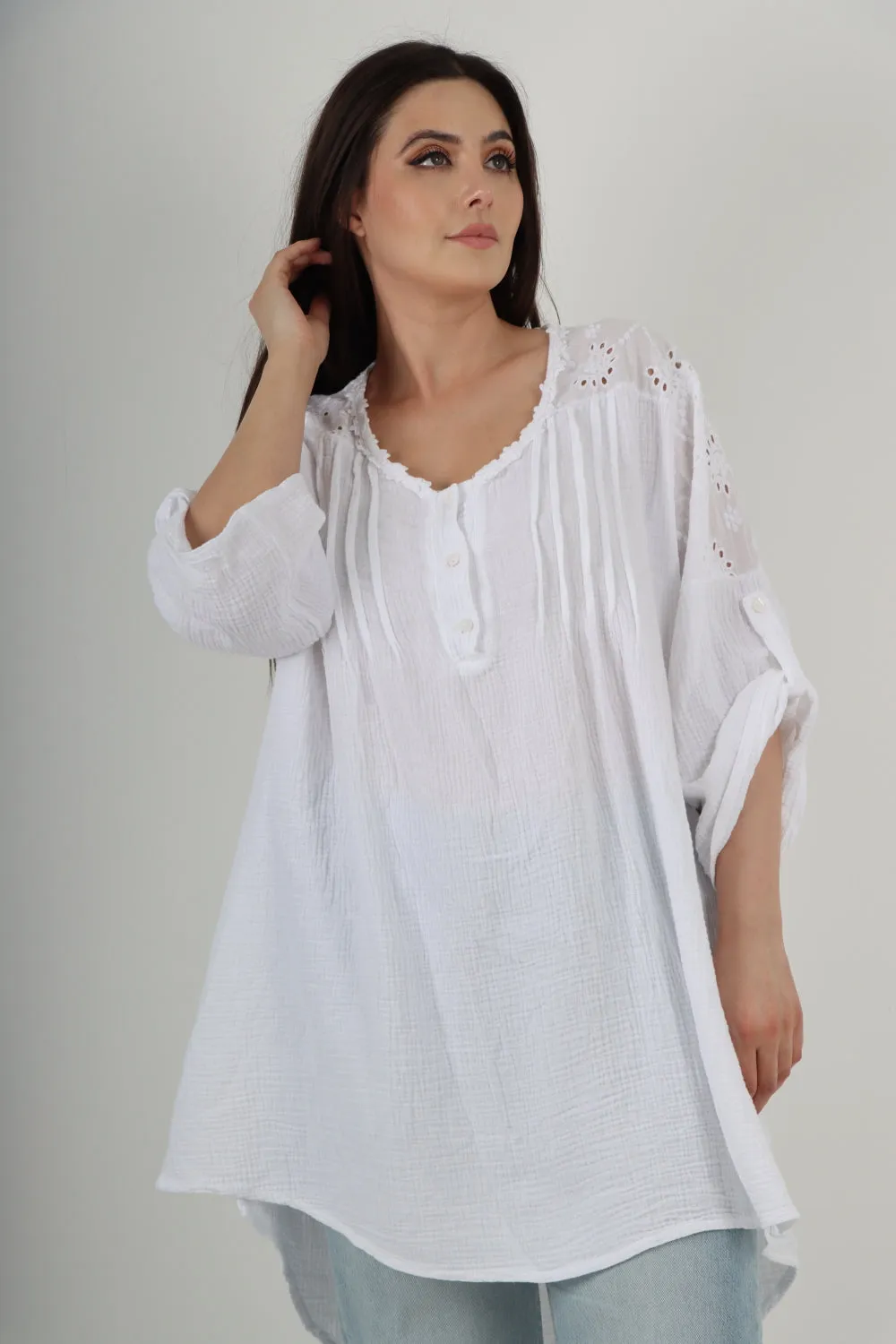 Italian Crochet Lace Neck Detail Button Up Dip Hem Tunic Top