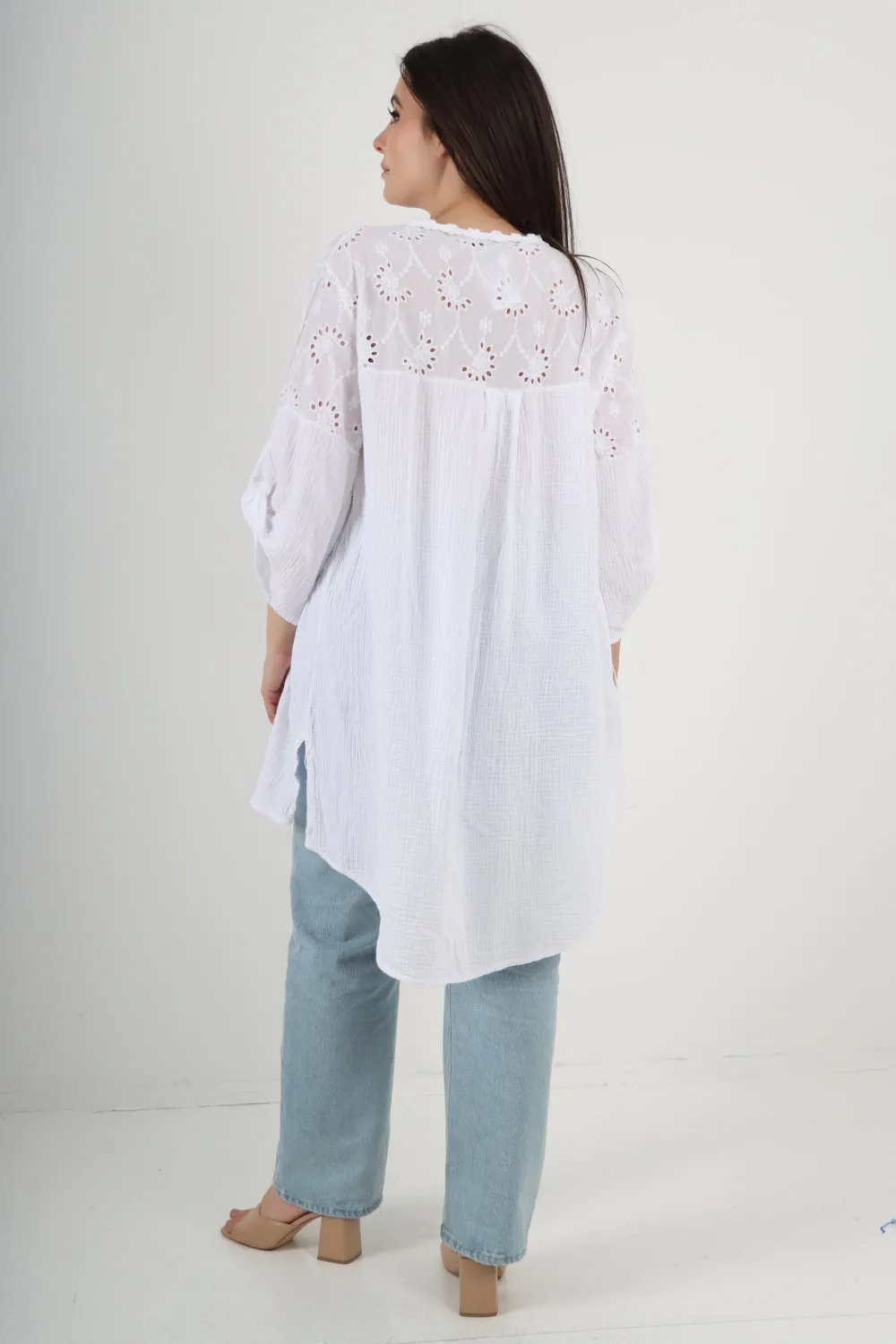 Italian Crochet Lace Neck Detail Button Up Dip Hem Tunic Top