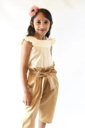 Ivory Frill Top with Khakhi Paper Bag Pants 2 pc. Set