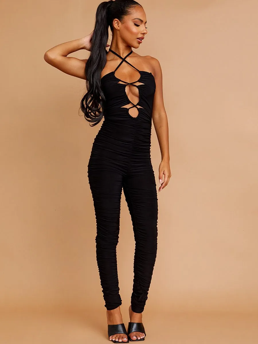 Jade Halter Cut Out Front Slinky Ruched Jumpsuit In Black