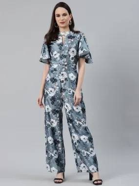 Jashvi Women Grey & Off-White Printed Keyhole Neck Flared Sleeves Basic Jumpsuit