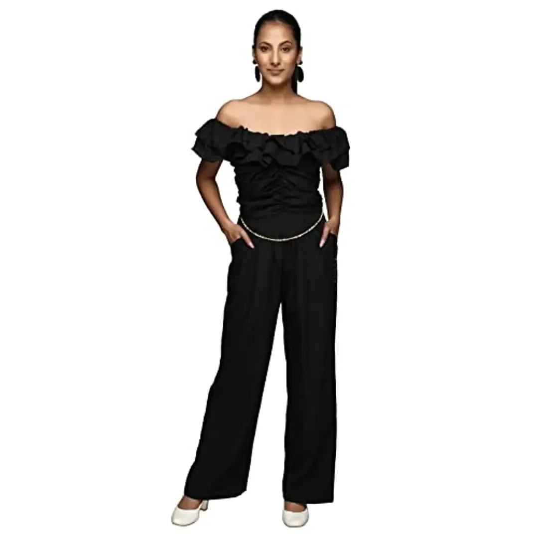 Jumpsuit Having Double Layer Off Shoulder Ruffles.(M)