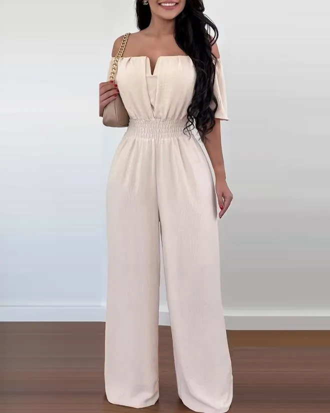 Jumpsuits for Women 2023 Spring Fashion Off Shoulder Casual Plain Short Sleeve Shirred Waist Daily Long Wide Leg Jumpsuit