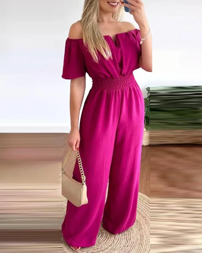 Jumpsuits for Women 2023 Spring Fashion Off Shoulder Casual Plain Short Sleeve Shirred Waist Daily Long Wide Leg Jumpsuit