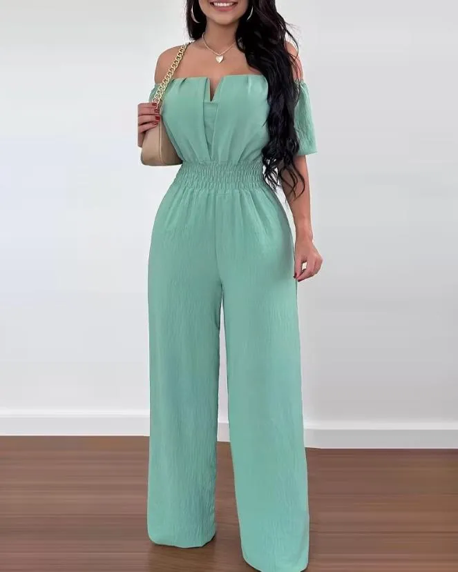 Jumpsuits for Women 2023 Spring Fashion Off Shoulder Casual Plain Short Sleeve Shirred Waist Daily Long Wide Leg Jumpsuit