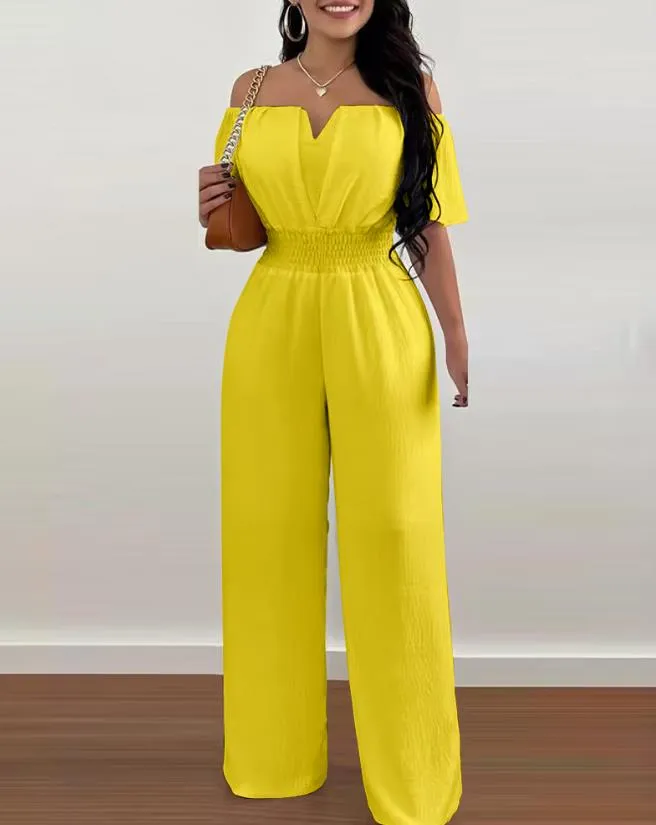 Jumpsuits for Women 2023 Spring Fashion Off Shoulder Casual Plain Short Sleeve Shirred Waist Daily Long Wide Leg Jumpsuit