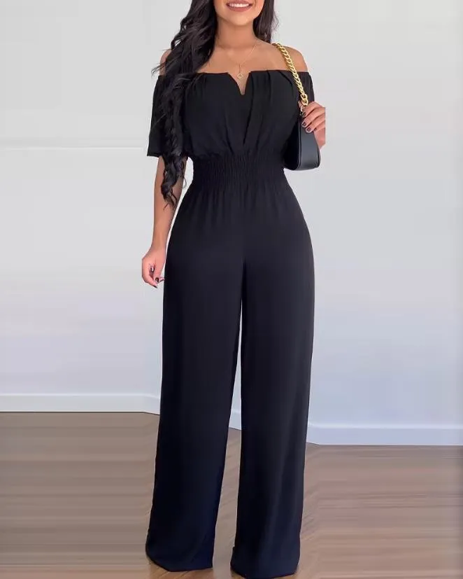 Jumpsuits for Women 2023 Spring Fashion Off Shoulder Casual Plain Short Sleeve Shirred Waist Daily Long Wide Leg Jumpsuit