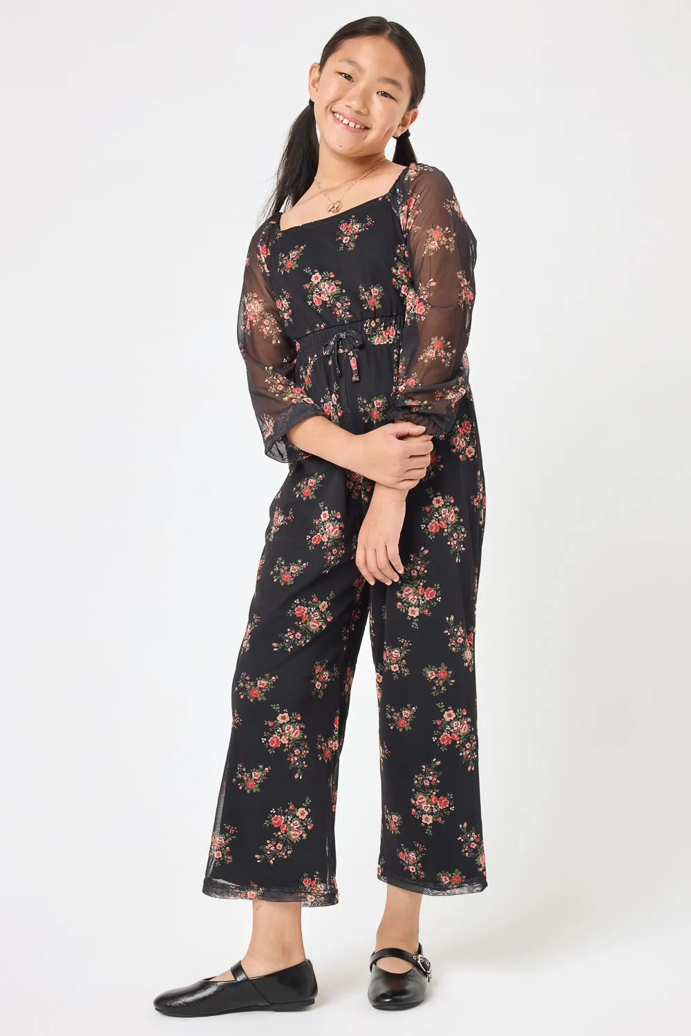 Kids Black Floral Power Mesh Jumpsuit