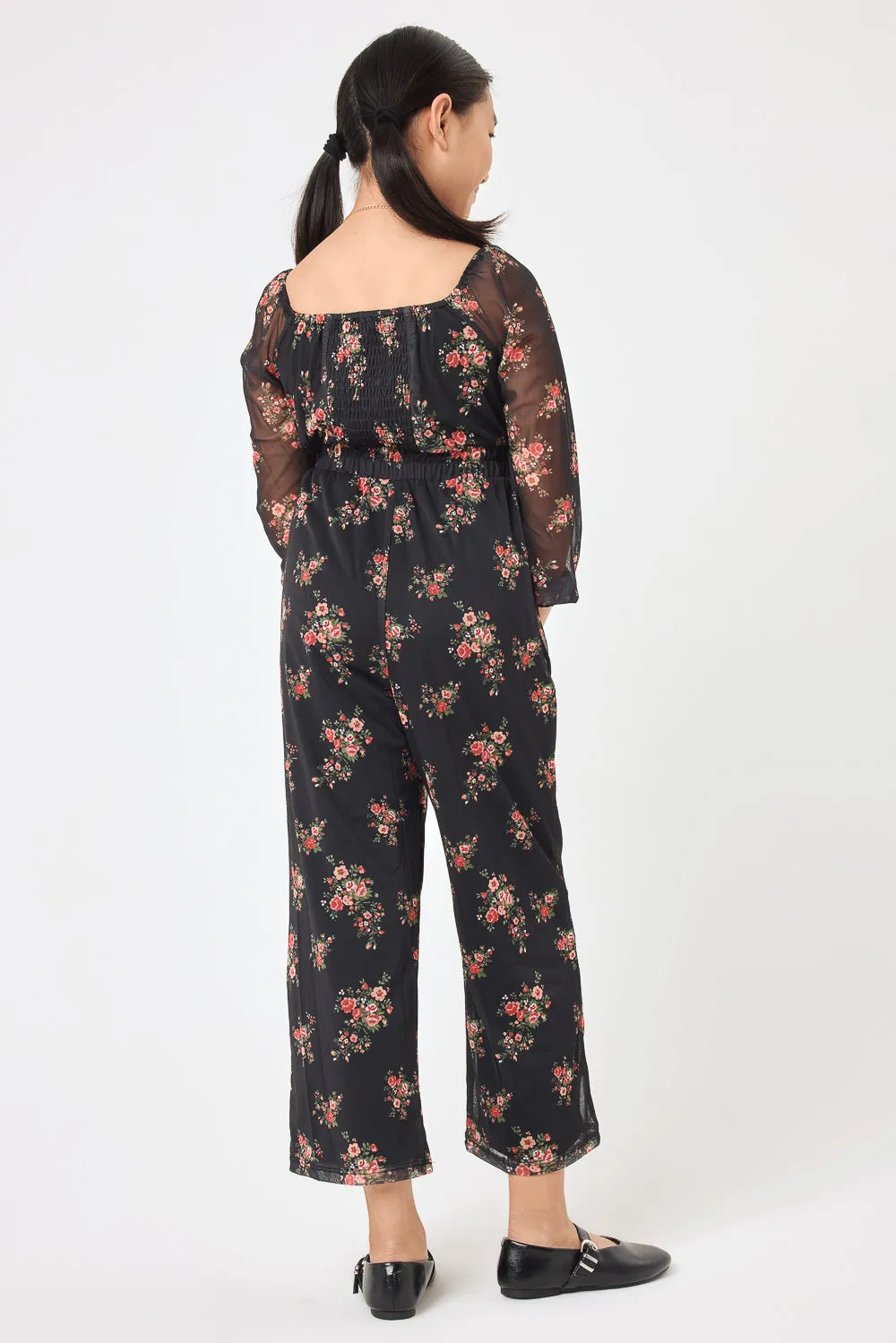 Kids Black Floral Power Mesh Jumpsuit