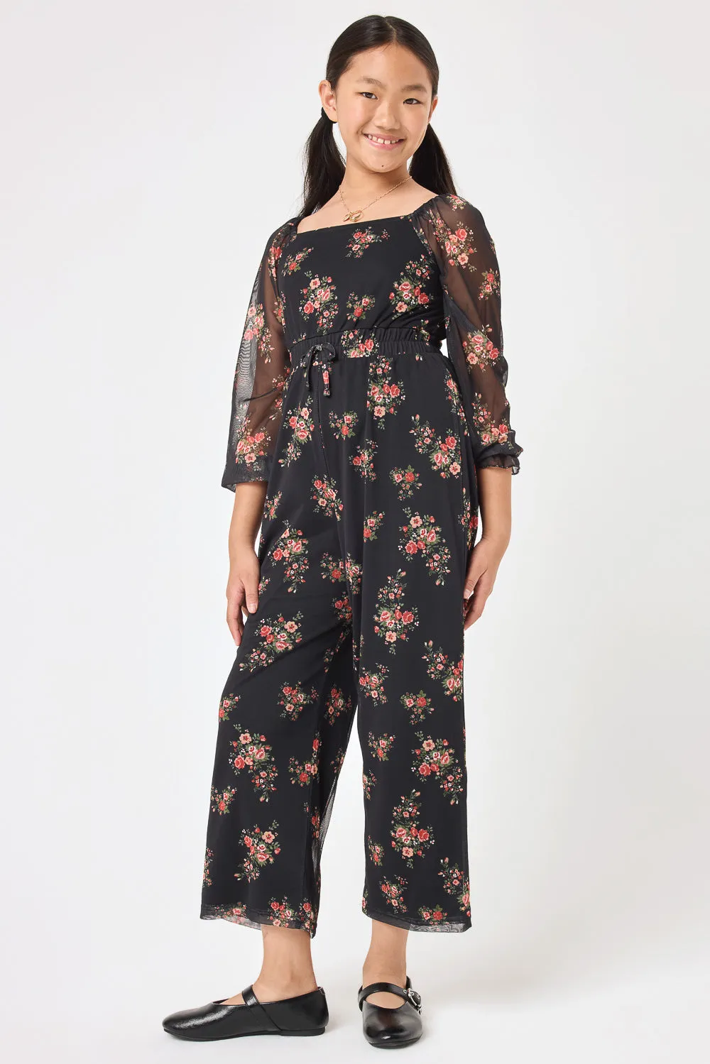 Kids Black Floral Power Mesh Jumpsuit