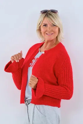 kurze Strickjacke mit Rüschen, rot