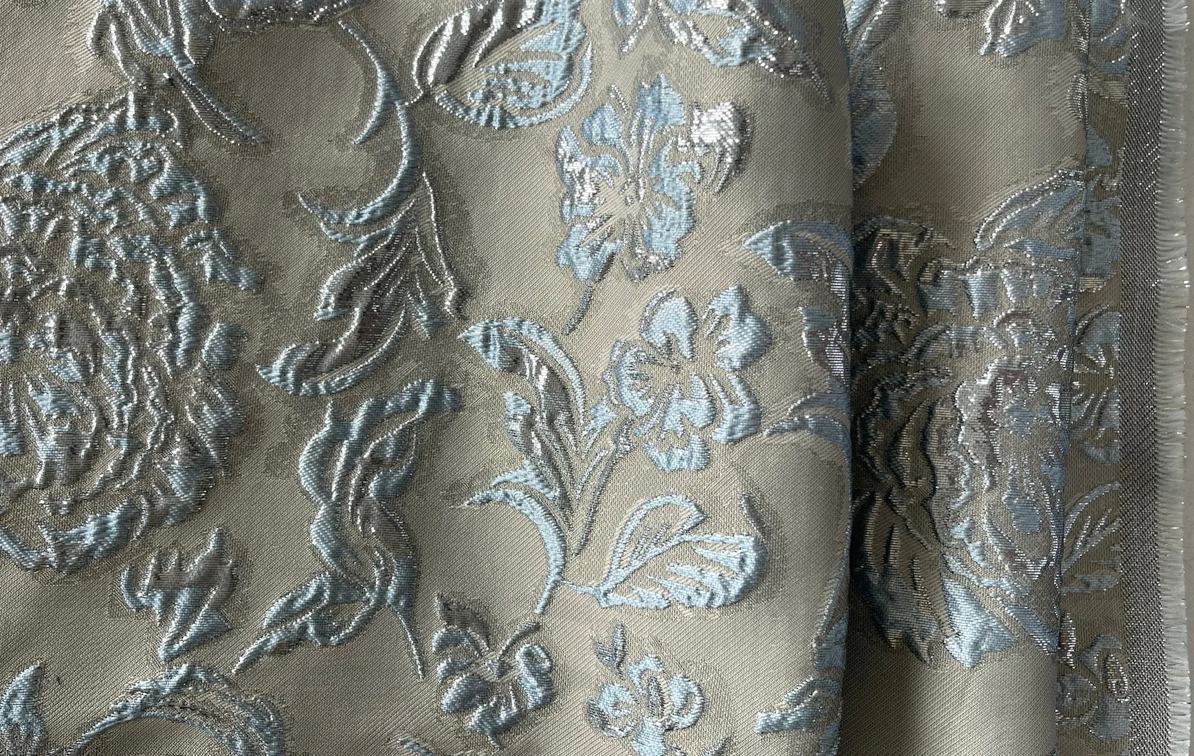 Lighter-Weight Floral Metallic Powder Blue Polyester Blend Brocade