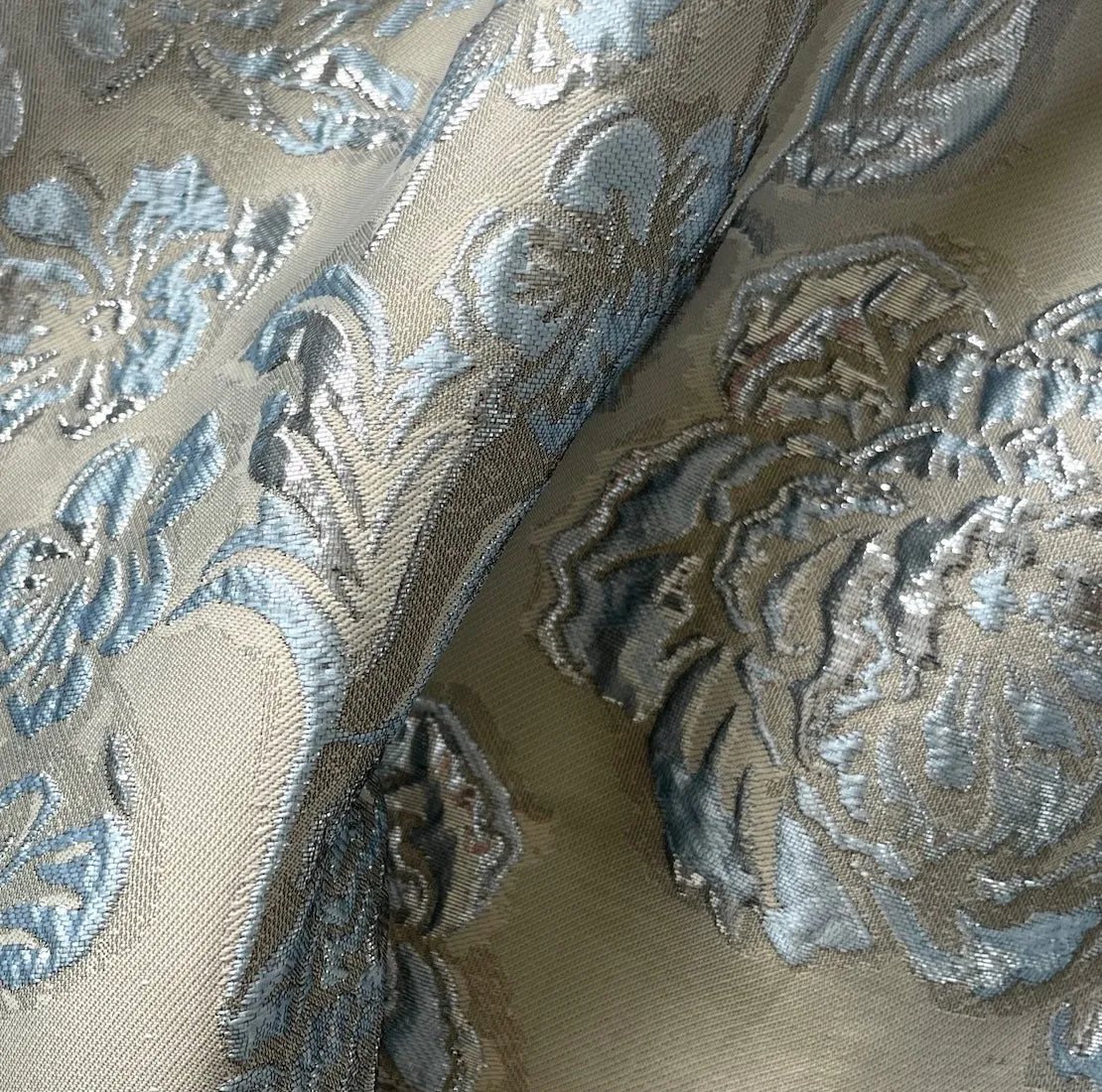 Lighter-Weight Floral Metallic Powder Blue Polyester Blend Brocade