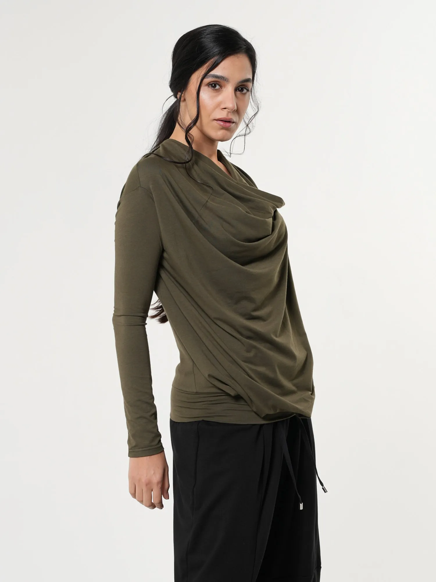 Long Sleeved Draped Top In Khaki