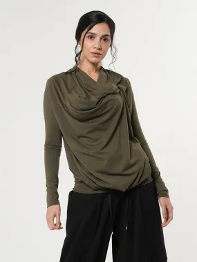 Long Sleeved Draped Top In Khaki