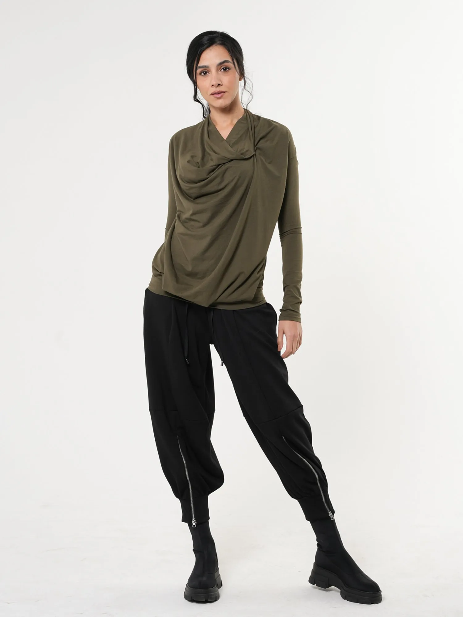 Long Sleeved Draped Top In Khaki