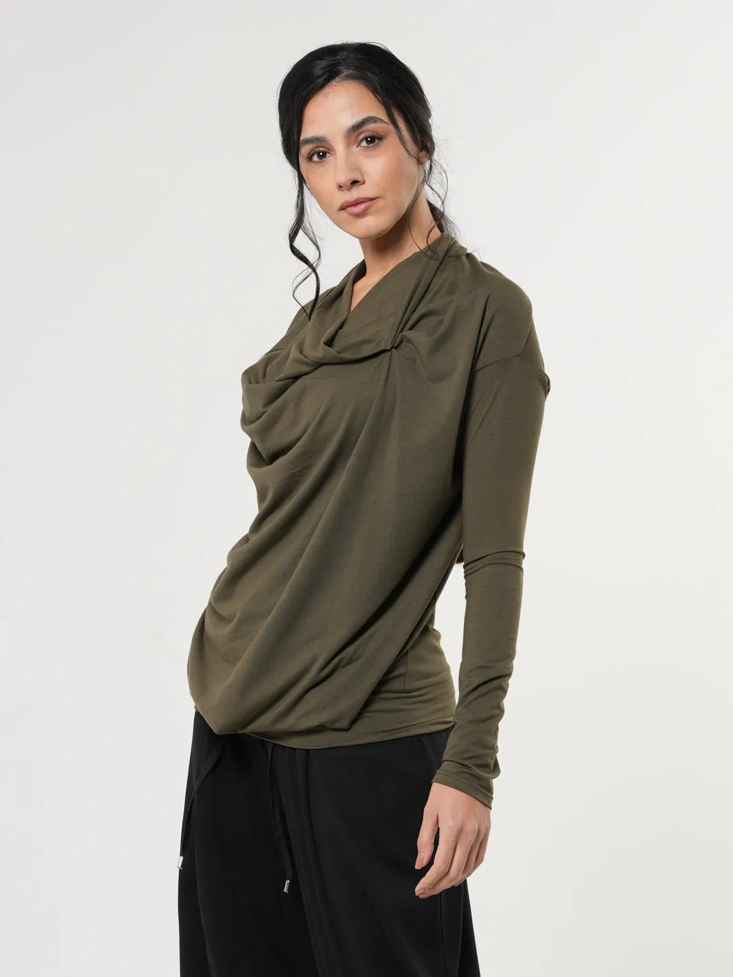 Long Sleeved Draped Top In Khaki