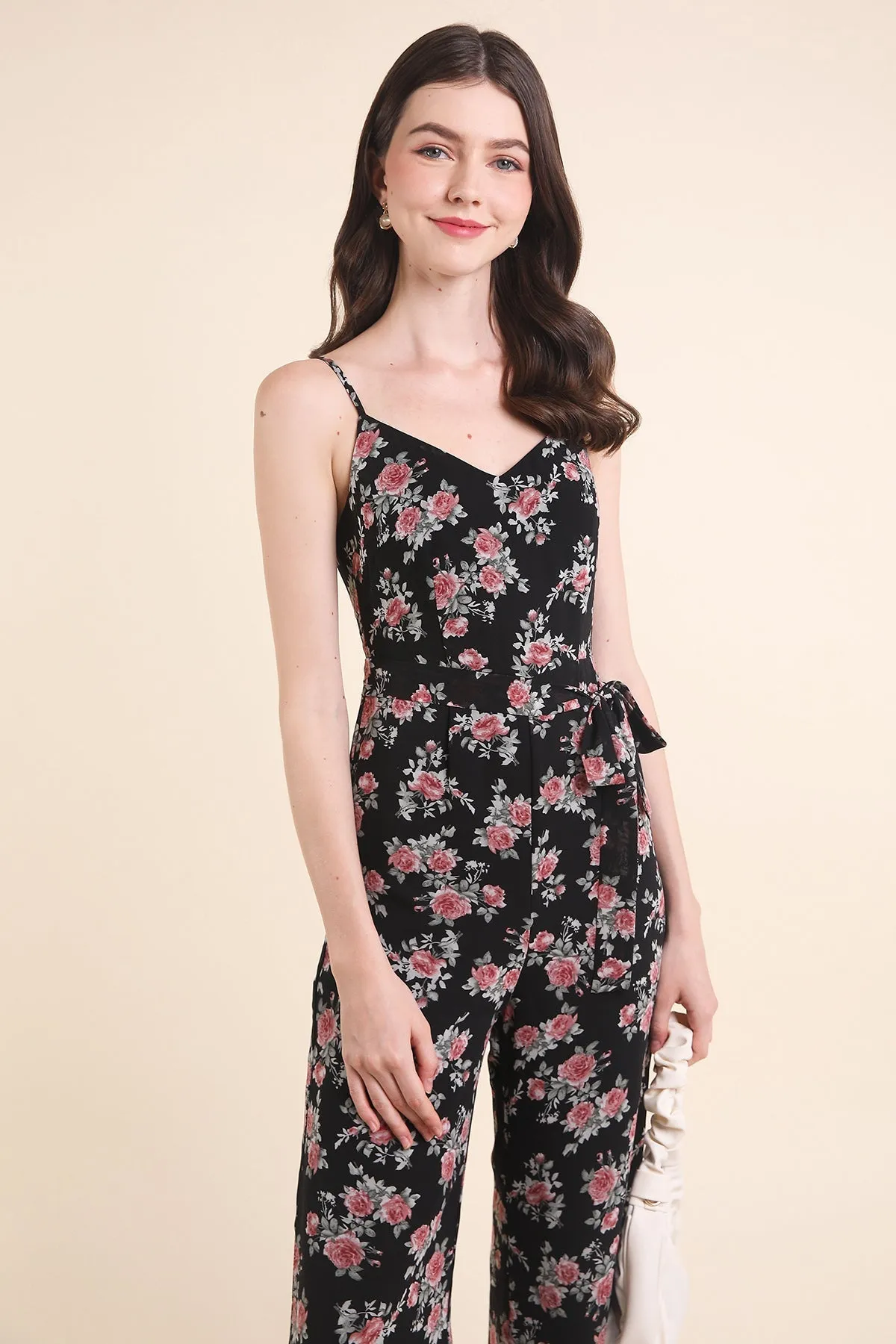 MADEBYNM FLORELLA VINTAGE FLORAL JUMPSUIT IN BLACK