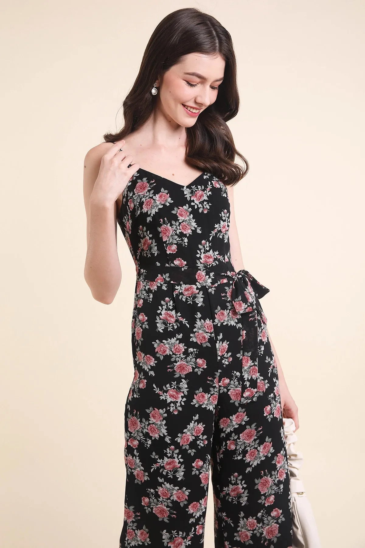 MADEBYNM FLORELLA VINTAGE FLORAL JUMPSUIT IN BLACK