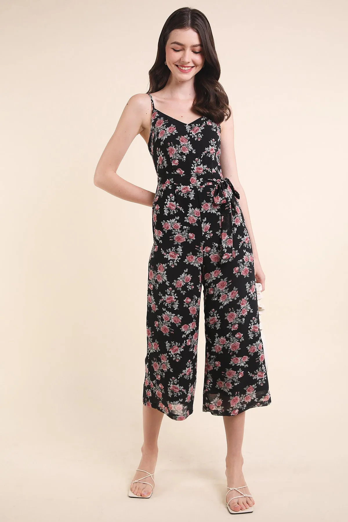 MADEBYNM FLORELLA VINTAGE FLORAL JUMPSUIT IN BLACK