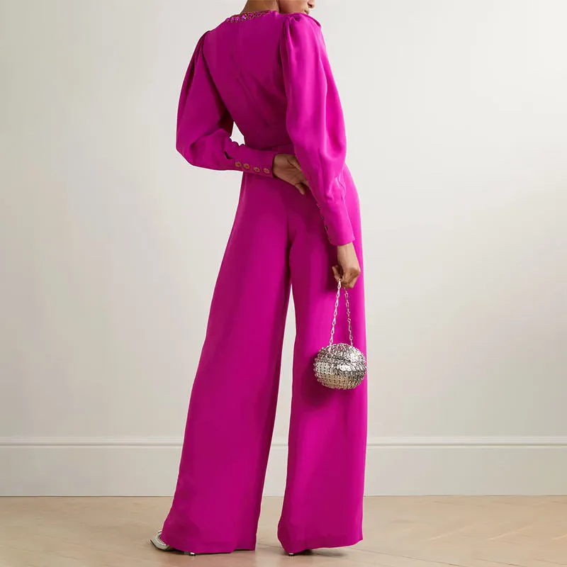 Magenta voluminous sleeves crepe jumpsuit