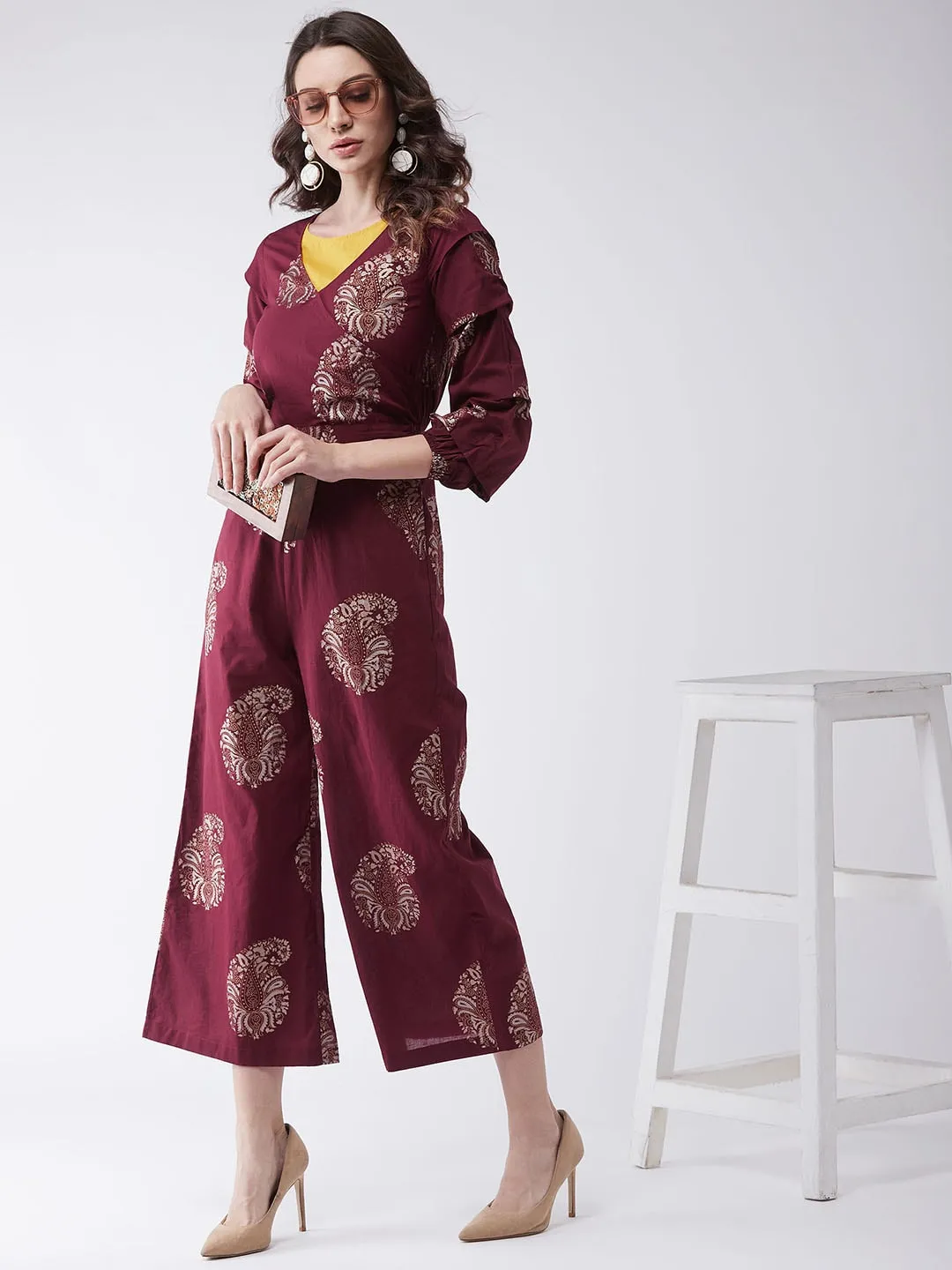 Maroon Foil Printed Jumpsuit