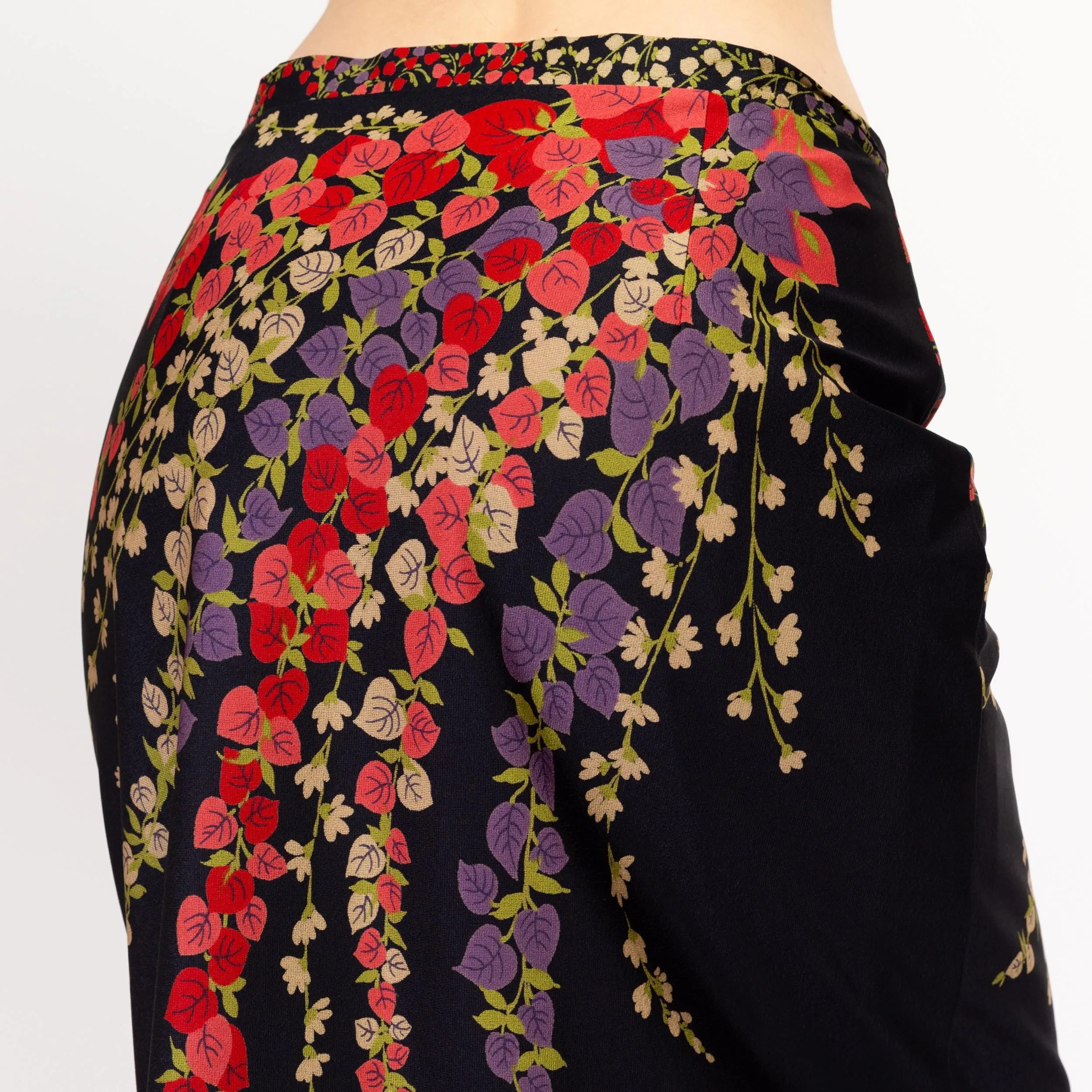 Med-Lrg 70s Black Psychedelic Floral Maxi Skirt 31"