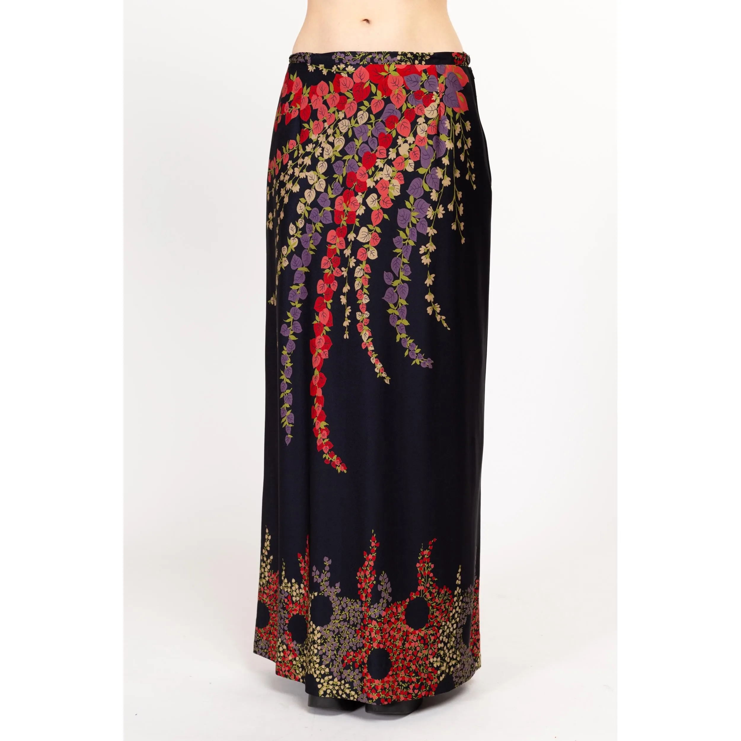 Med-Lrg 70s Black Psychedelic Floral Maxi Skirt 31"