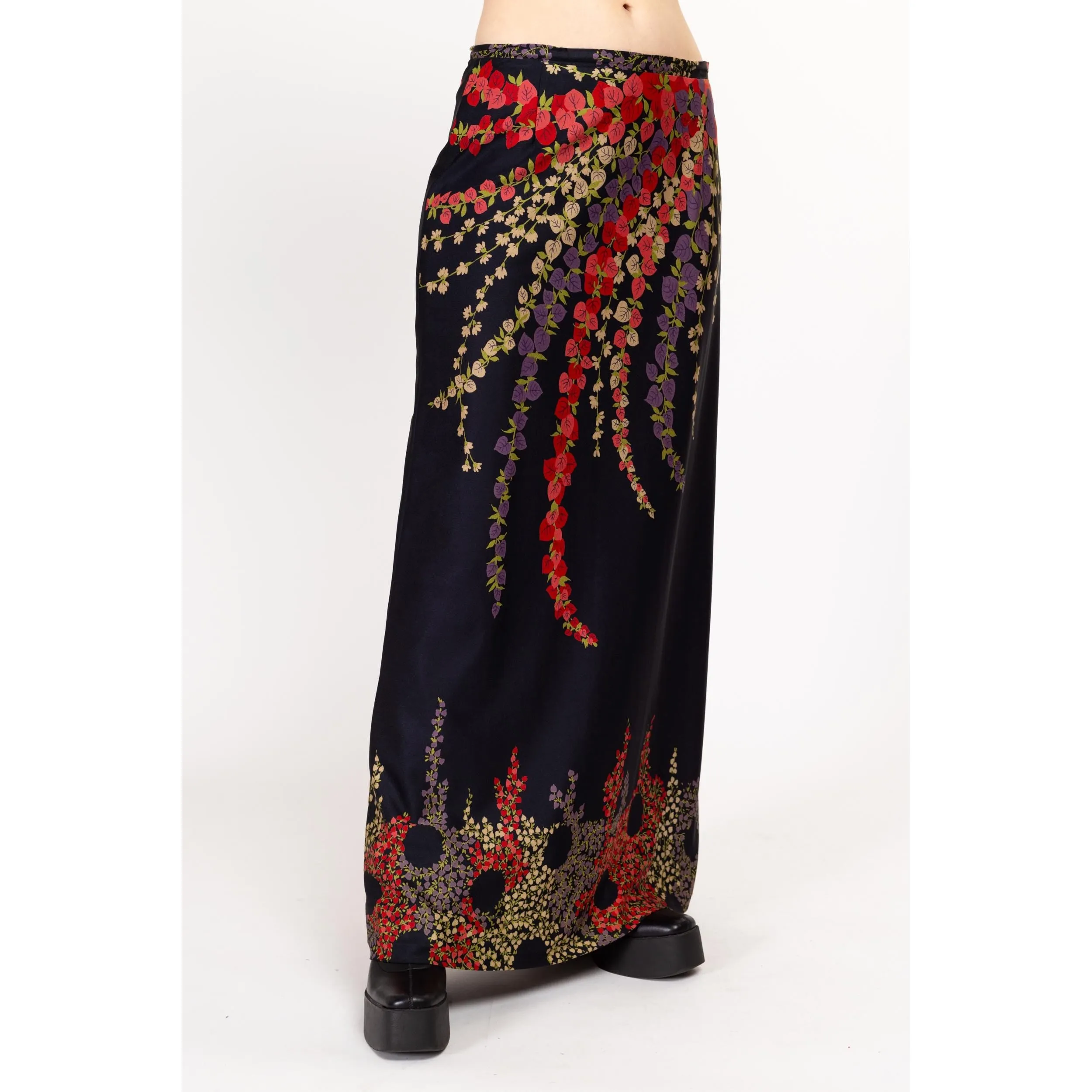 Med-Lrg 70s Black Psychedelic Floral Maxi Skirt 31"