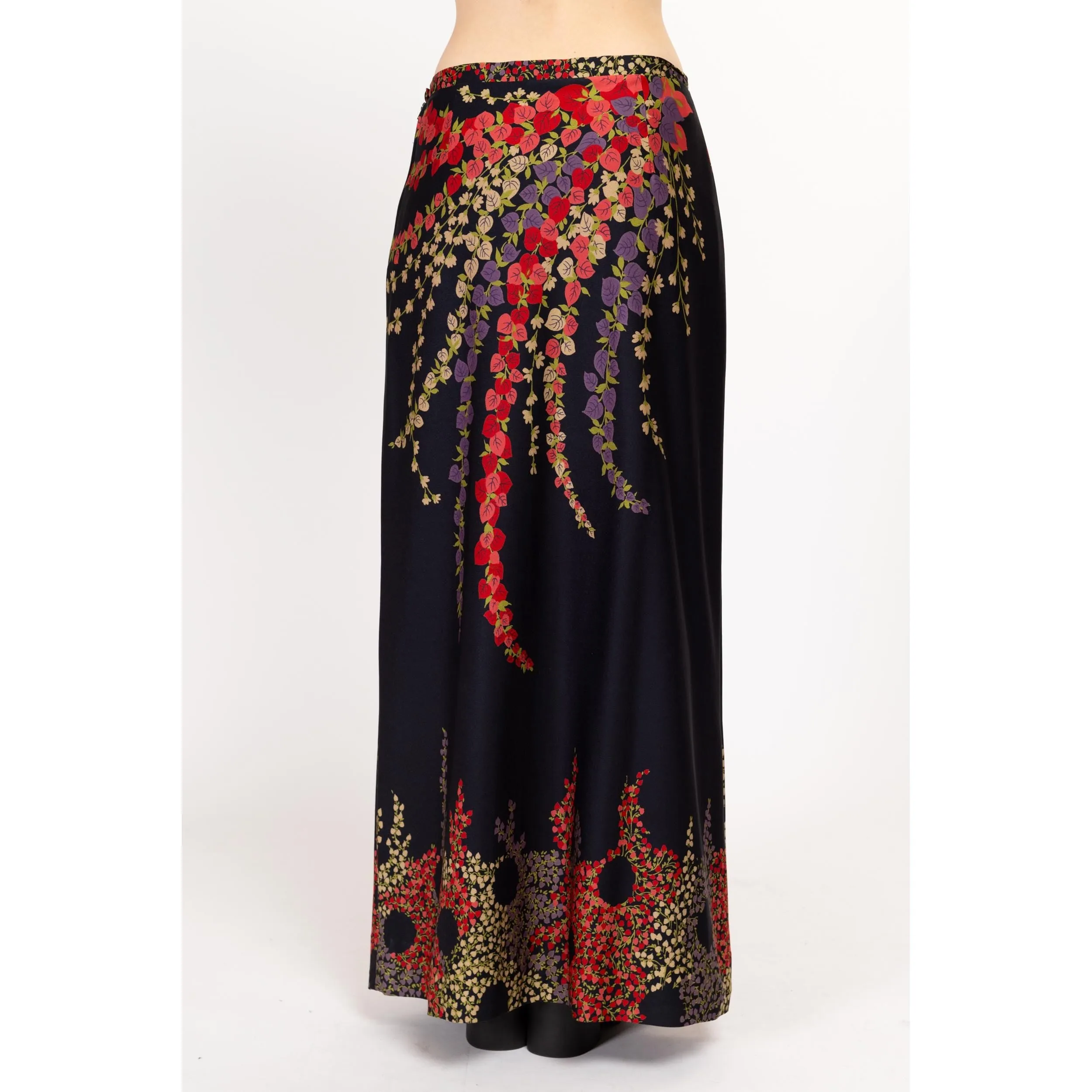 Med-Lrg 70s Black Psychedelic Floral Maxi Skirt 31"