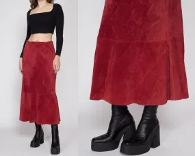 Medium 90s Boho Raspberry Red Suede Midi Skirt