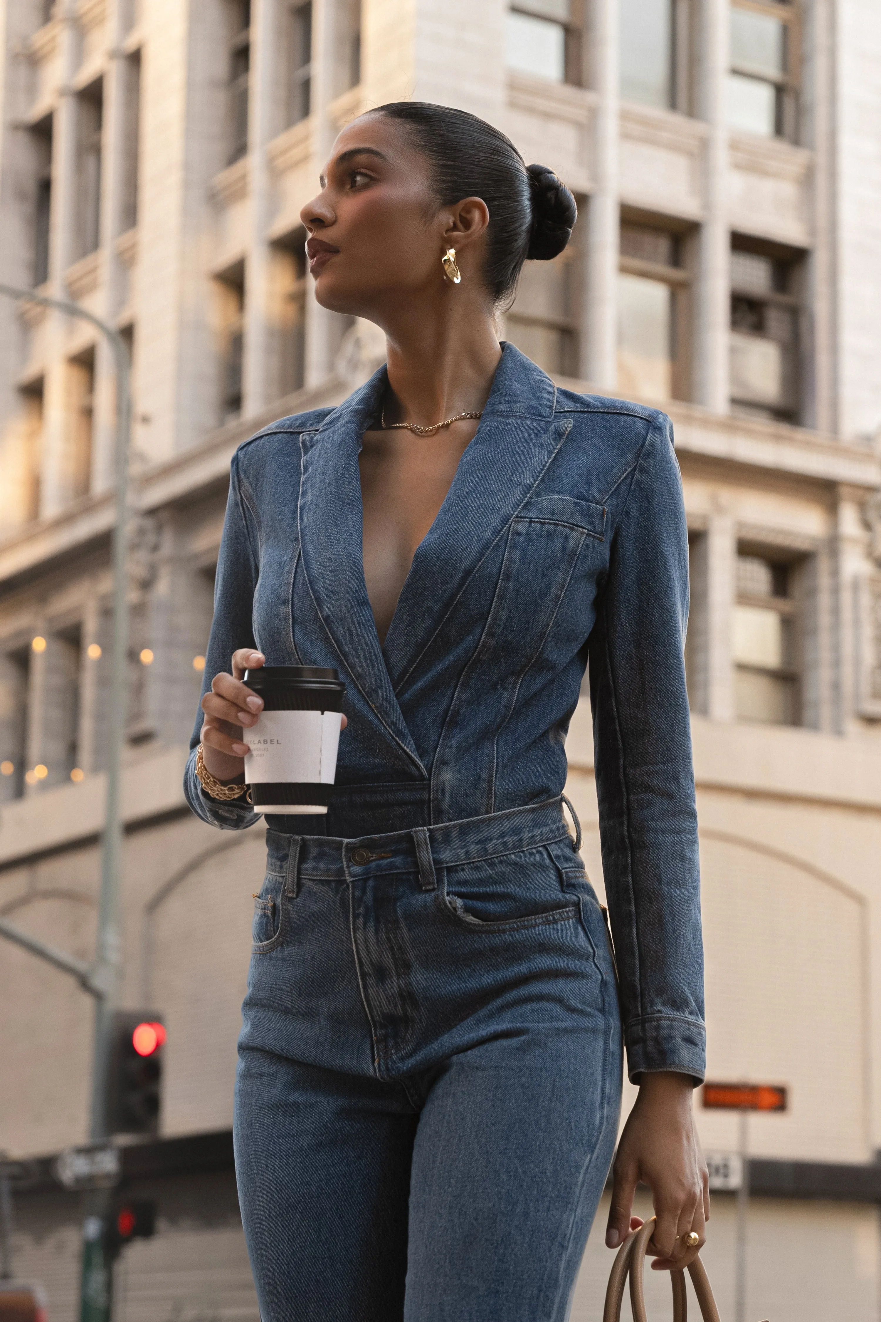 Medium Wash Dominica Structured Denim Bodysuit