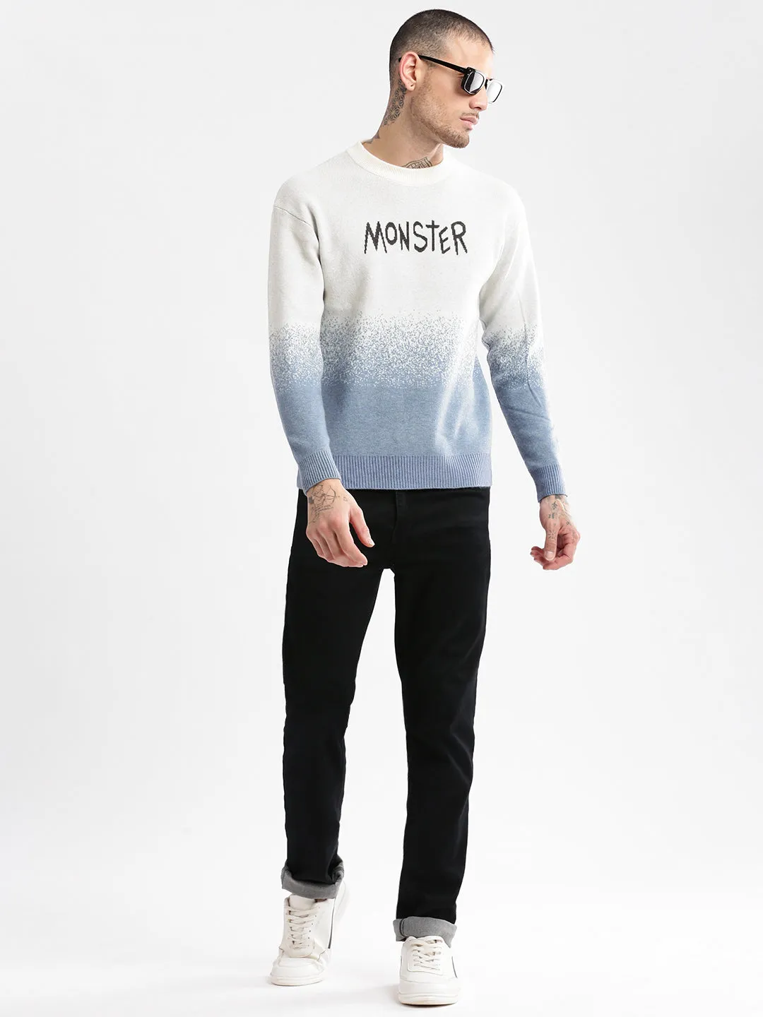 Men Round Neck Typography Blue Pullover