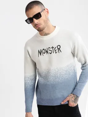 Men Round Neck Typography Blue Pullover