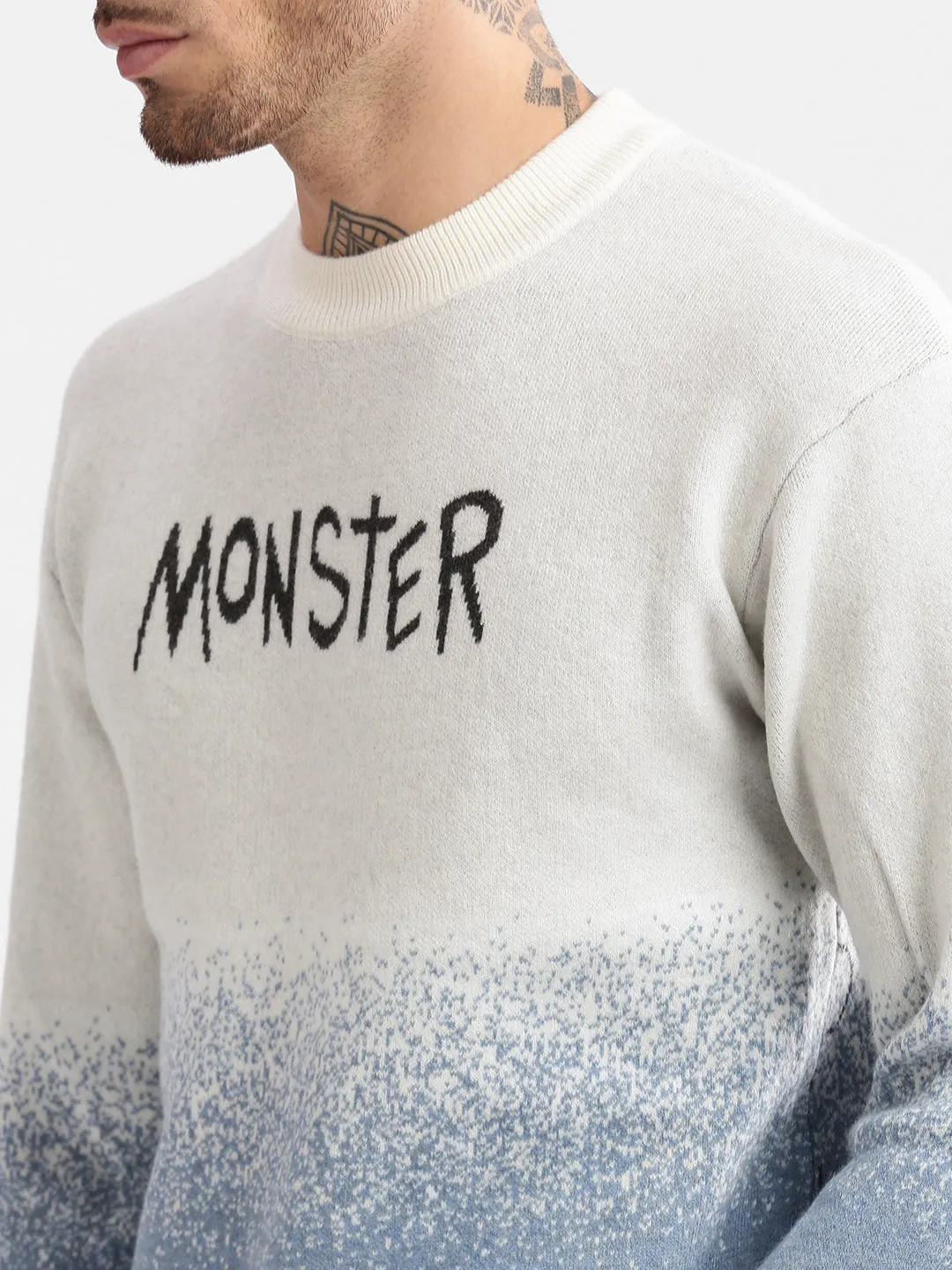 Men Round Neck Typography Blue Pullover