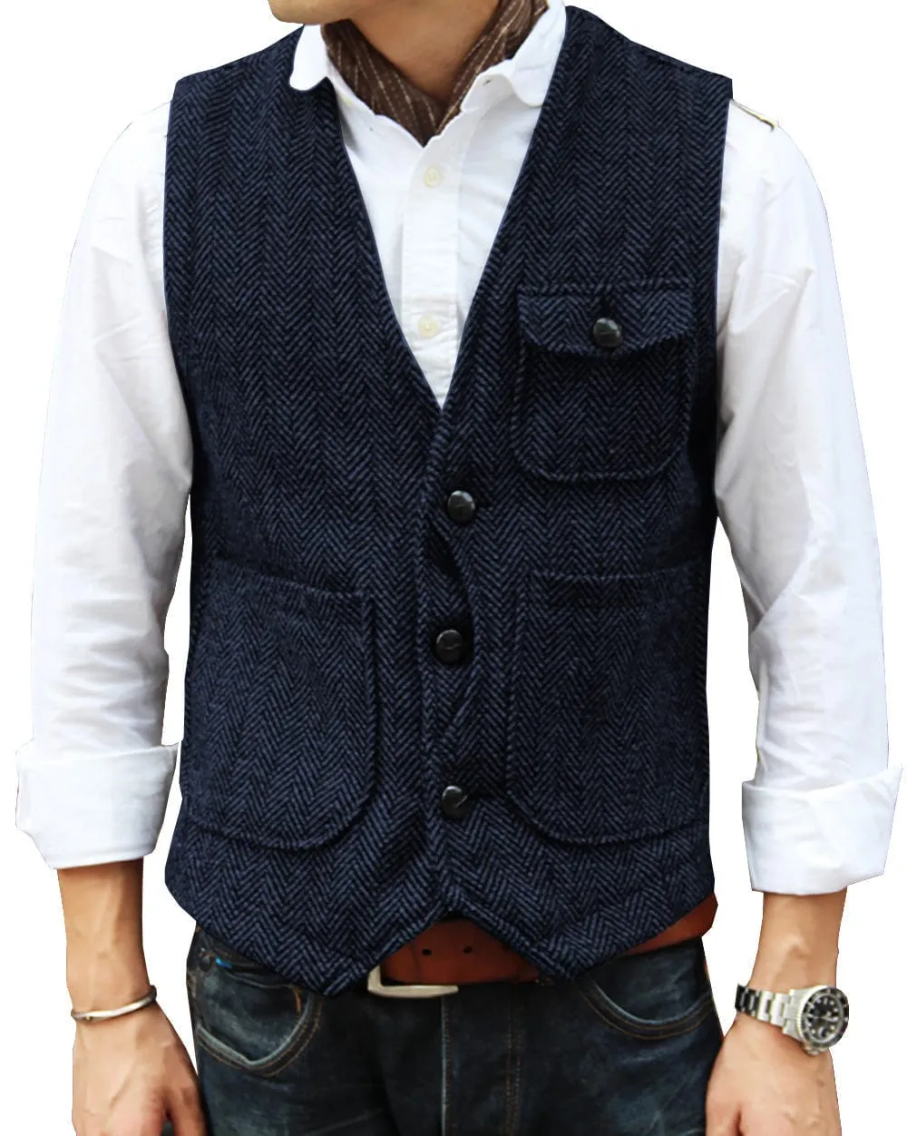 Mens Causual V Neck Tweed Herringbone Waistcoat