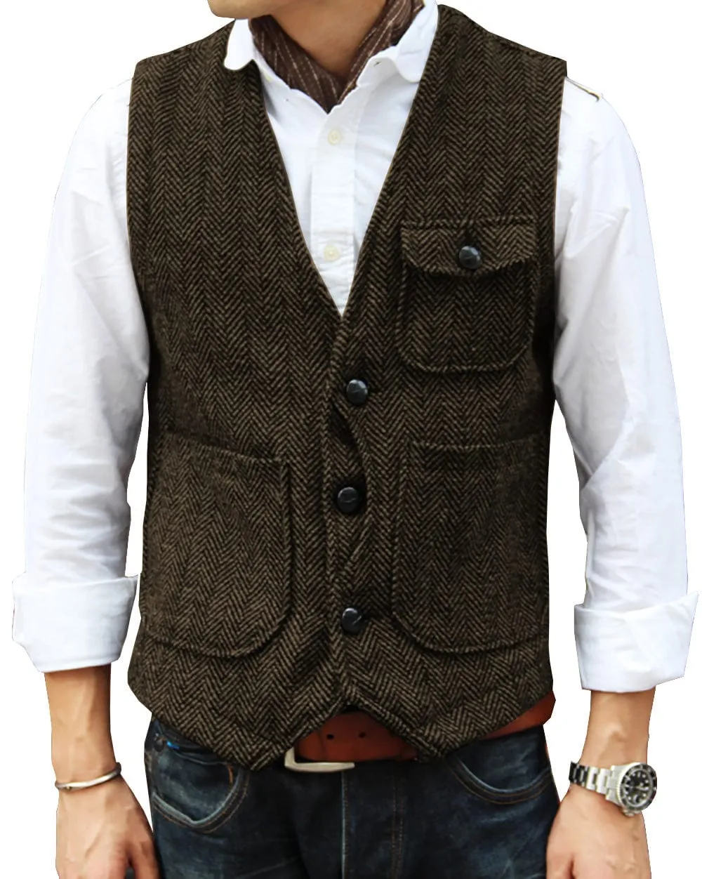 Mens Causual V Neck Tweed Herringbone Waistcoat