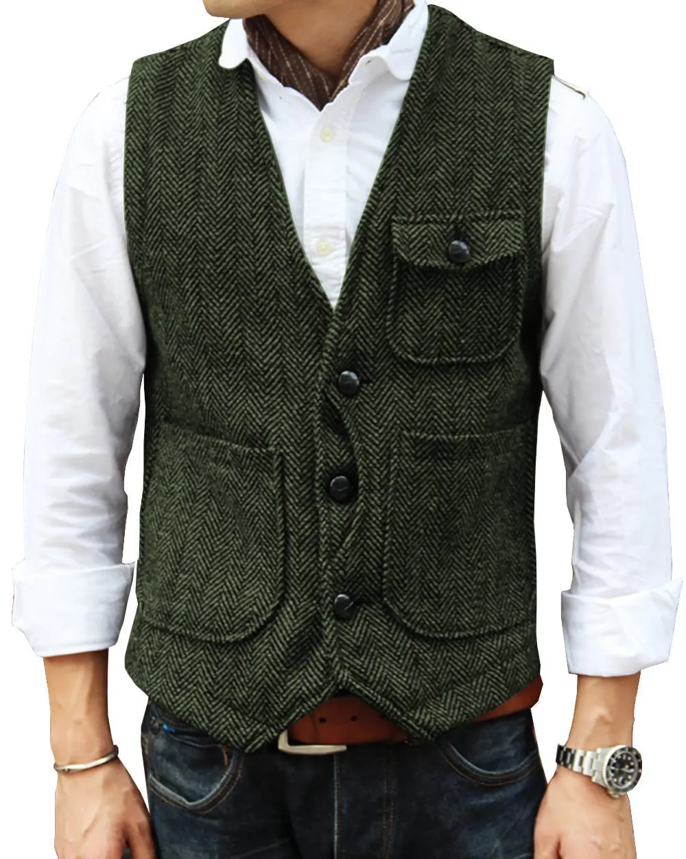 Mens Causual V Neck Tweed Herringbone Waistcoat